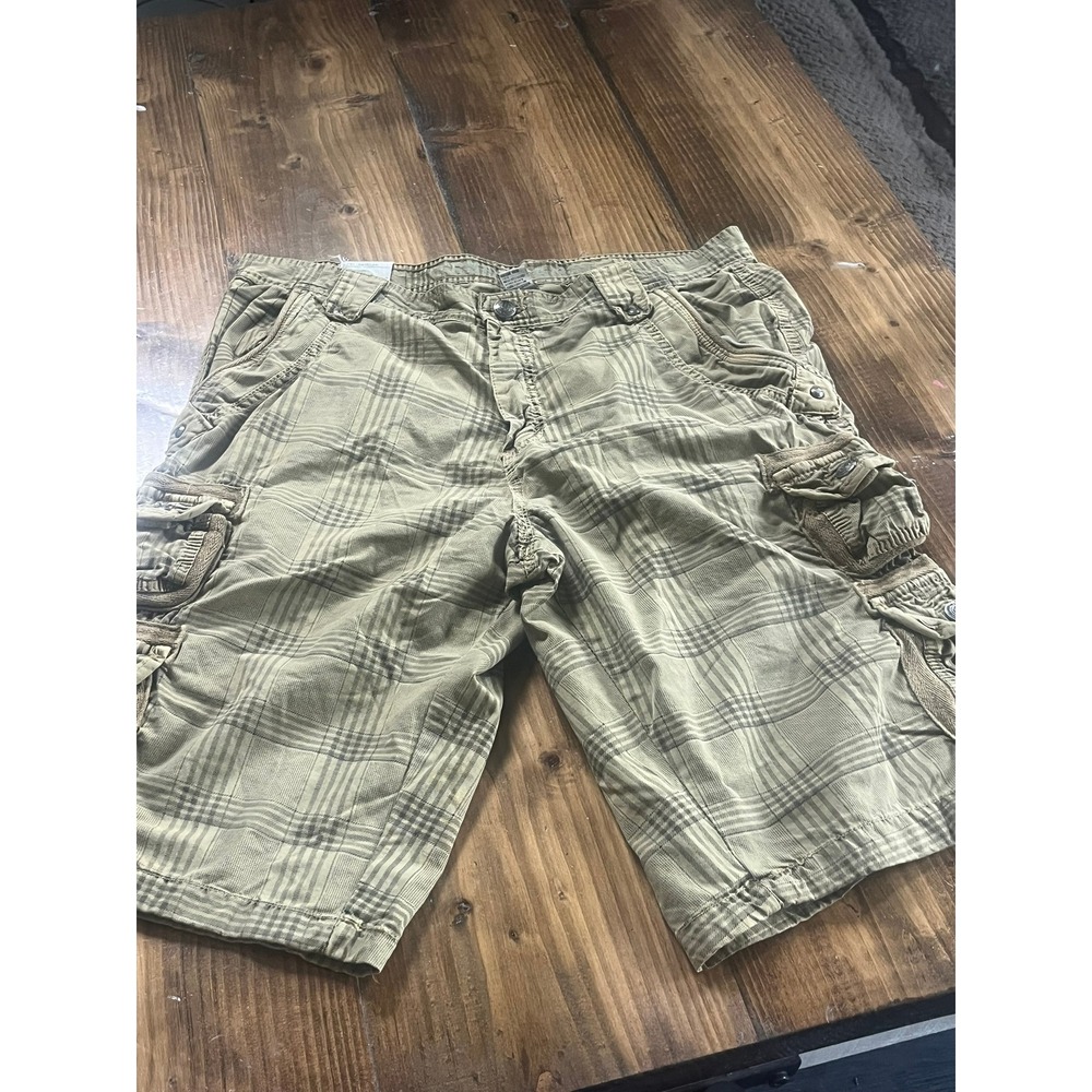 Free Planet Mens Khaki Plaid Cargo Shorts Size 36 Regular Fit Cotton FM9ABKHA